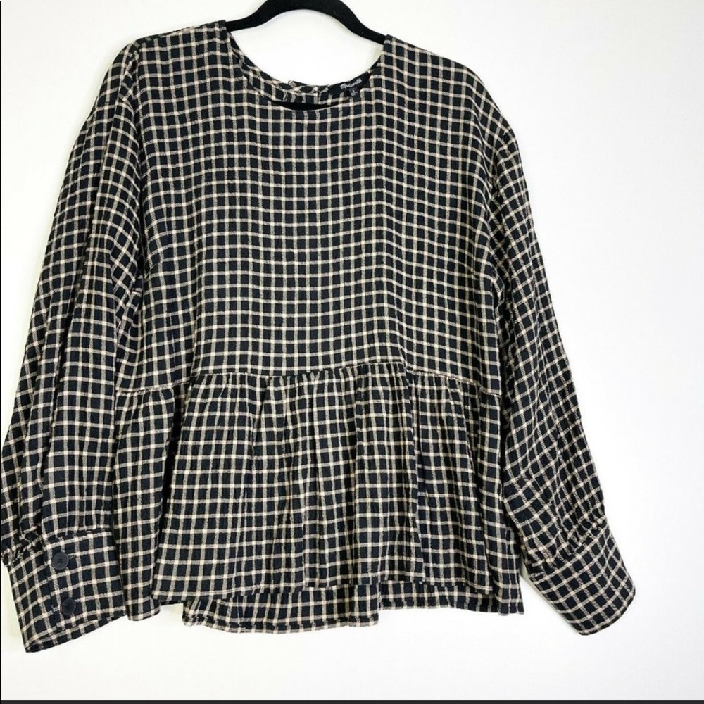 Madewell Womens Black Checked Windowpane Peplum Hem Cotton Blouse Top Size Large